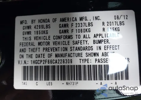 2012 Honda Accord 2.4 Se z USA, uszkodzony, nr VIN 1HGCP2F66CA228309